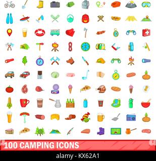 Camping 100 icons set, cartoon style Illustration de Vecteur