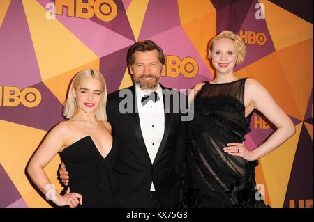 Emilia Clarke, Gwendoline Christie, Nikolaj Coster-Waldau aux arrivées de HBO's Golden Globe Awards Après-party, vers 55, Los Angeles, CA 7 janvier 2018. Photo par : Elizabeth Goodenough/Everett Collection Banque D'Images