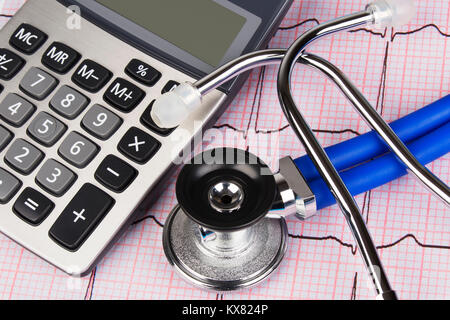 Close up d'un électrocardiographe aussi connu comme un ECG ou électrocardiogramme graphique avec un stéthoscope et calculatrice montrant le coût élevé des soins de santé Banque D'Images