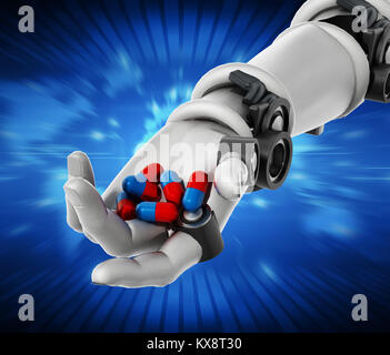 Robotic hand holding Red et Blue pills. 3D illustration. Banque D'Images