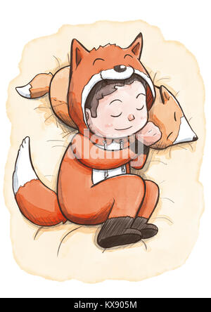 Bébé garçon dormir confortablement et vêtu d'un pyjama fox Banque D'Images