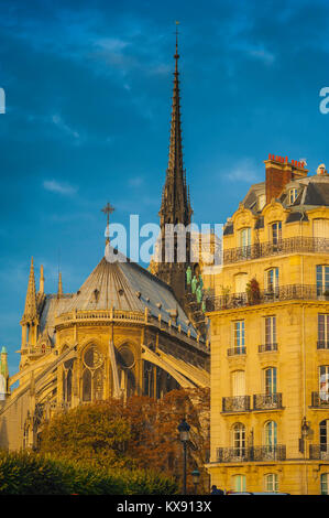 L'architecture de Paris, l'est de la Cathédrale Notre Dame à côté d'un immeuble typique du xixe siècle sur l'Ile de la Cité à Paris, France. Banque D'Images