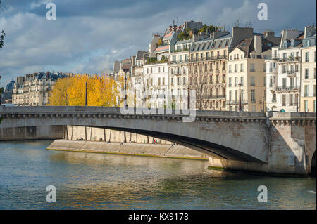 Ile St-Louis Paris, vue en automne du Pont de la Tournelle et immeubles d'appartements le long du quai d'Orléans sur l'Ile St-Louis, Paris, France Banque D'Images