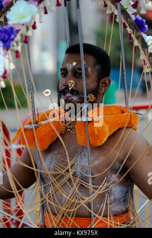 Serangoon, Singapour - 30 janvier 2010 : dévot hindou portant un kavadi en Thaipusam la fête hindoue, Singapour Banque D'Images