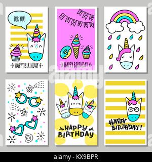 Un jeu de cartes avec un joyeux anniversaire avec drôle licornes Illustration de Vecteur