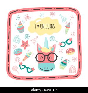 Cute hand drawn cartes avec une licorne Illustration de Vecteur