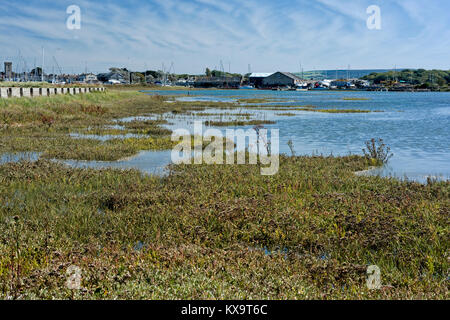 Marais de sel coincé derrière un mur de la mer et plage de galets supérieur à Yarmouth, sur l'île de Wight au Royaume-Uni. L'eau de mer coule dans et dehors par le port Banque D'Images