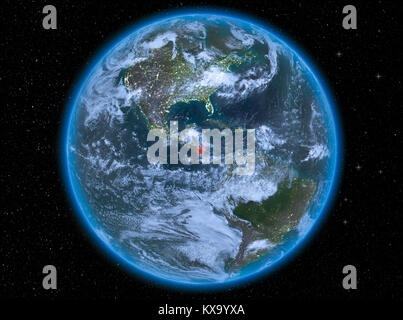 Vue nocturne du Nicaragua a souligné en rouge sur la planète terre avec l'atmosphère et les nuages. 3D illustration. Éléments de cette image fournie par la NASA. Banque D'Images