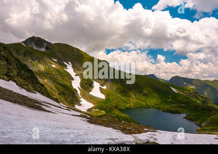 Vue magnifique du lac en haute montagne. joli paysage d'été avec de la neige sur les collines herbeuses Banque D'Images