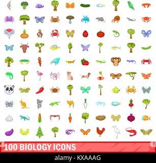 Biologie 100 icons set, cartoon style Illustration de Vecteur