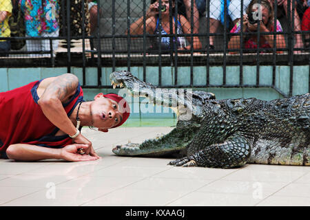 Phuket, Thaïlande - 11 juin : un homme met sa tête dans la bouche du crocodile un crocodile en spectacle au zoo de Phuket, 11 juin 2011 à Bangkok, Thaïlande. Banque D'Images