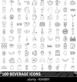 Boissons 100 icons set style du contour, Illustration de Vecteur