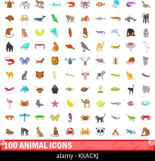 100 icônes d'animaux, jeu de style cartoon Illustration de Vecteur