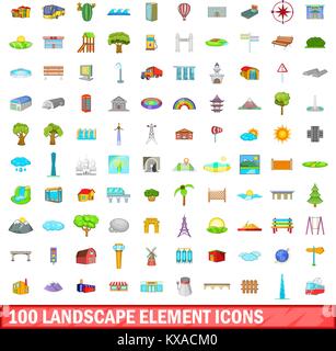 100 icônes d'éléments du paysage, jeu de style cartoon Illustration de Vecteur