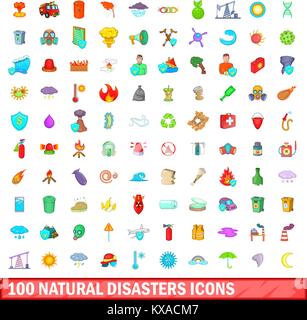 100 catastrophes naturelles, cartoon style icons set Illustration de Vecteur