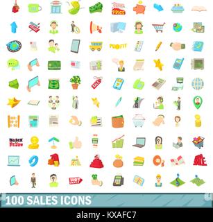 100 ventes icons set, cartoon style Illustration de Vecteur