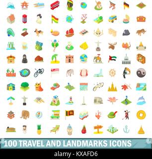 Voyage 100 sites et icons set, cartoon style Illustration de Vecteur