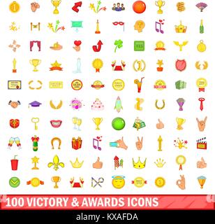 100 la victoire et awards icons set, cartoon style Illustration de Vecteur