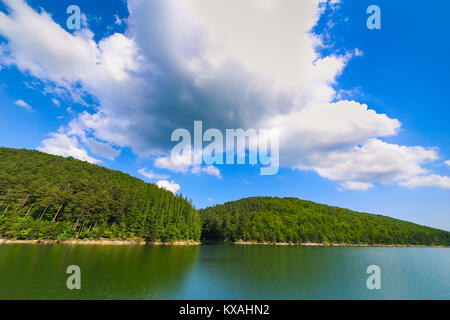 Paysage de montagne avec nuage en forme de tortue sur le lac Gozna entouré par la forêt, Valiug, Caras-Severin, Roumanie Banque D'Images