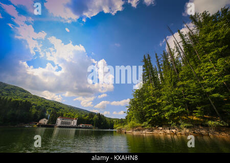 Paysage de montagne avec lac Gozna entouré par la forêt, Valiug, Caras-Severin, Roumanie Banque D'Images