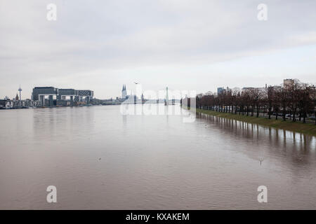 Cologne, Allemagne. 8 janvier, 2018. L'inondation du Rhin, vue du sud vers le port de Rheinau et la cathédrale. Köln, Deutschland, 8. 08 janvier 2018, Hochwasser des Rheins, Blick vom suédois zum Rheinauhafen und zum Dom. Credit : Joern Sackermann/Alamy Live News Banque D'Images