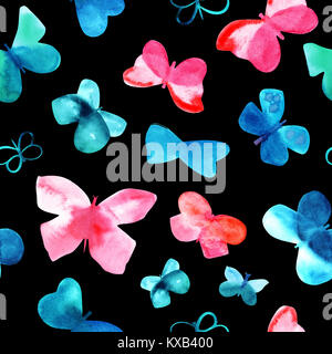 Fond transparent avec motif rose et bleu sarcelle aquarelle papillons Banque D'Images