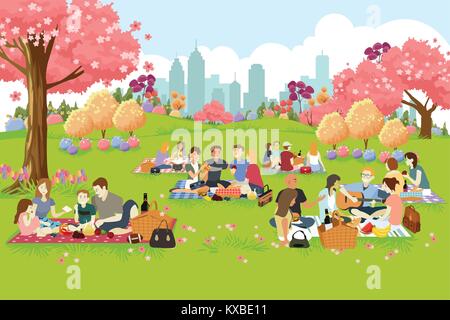 Un vecteur illustration de personnes Having Picnic au parc au printemps Illustration de Vecteur