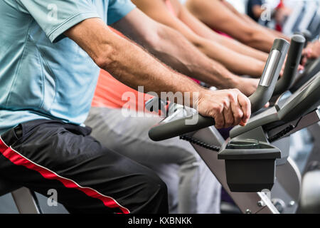 La filature du groupe à la salle de sport sur des vélos de remise en forme Banque D'Images