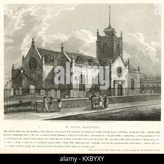 Une gravure datée de 1819 montre l’ancienne église paroissiale St Paul’s à Shadwell, Londres, vue du nord-est avant sa reconstruction ultérieure, avec des détails architecturaux géorgiens sur l’église East-End. Banque D'Images