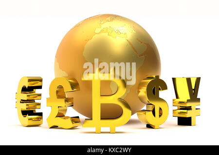 Le rendu 3D de symboles de devises plus global d'or signe bitcoin autour de golden world globe Banque D'Images