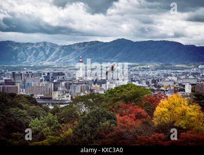 Licence et tirages sur MaximImages.com - Tour de Kyoto dans le paysage de la ville avec un aigle volant et des montagnes dans le fond sous la tempête dramatique Banque D'Images