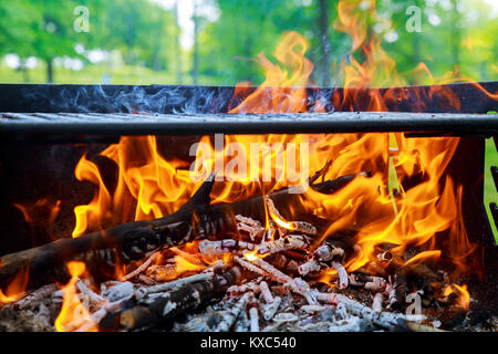 Feu orange chaud avec des morceaux de bois et charbon brûlant de flammes brillant en bois Barbecue Banque D'Images