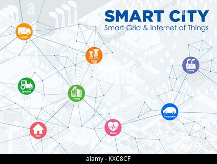 Smart city dessin illustration avec différentes icônes technologiques futuristes, paysage urbain et de vie moderne, smart gird, IoT (Internet des objets). Illustration de Vecteur