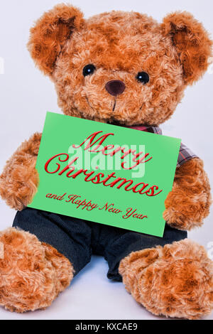 Mignon ours en peluche tenant un panneau vert qui dit Joyeux Noël et Bonne Année isolé sur fond blanc Banque D'Images