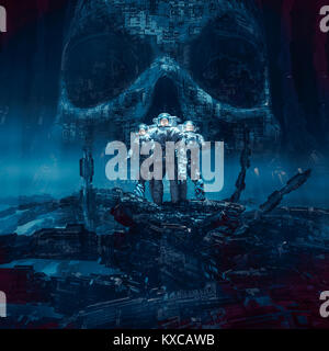 Planète de doom / 3D illustration de groupe d'astronautes debout dans l'environnement hostile étranger en face de la statue du crâne Banque D'Images