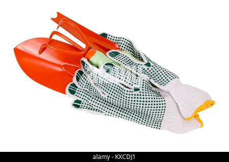 Gants vert et orange, la production de masse jardin Outils à main pour les travailleurs ruraux de printemps . Isolé sur blanc avec patch Banque D'Images