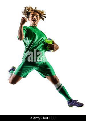 Une race mixte adolescent joueur de football homme célébration en silhouette isolé sur fond blanc Banque D'Images