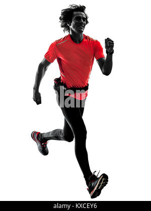 One man pratcticing runner jogger running jogging en silhouette studio isolé sur fond blanc Banque D'Images