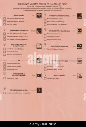 Un bulletin de vote pour les élections générales espagnoles de 2016 de Cádiz pour le Sénat (Senado), énumérant les candidats à la chambre haute du parlement espagnol. Banque D'Images