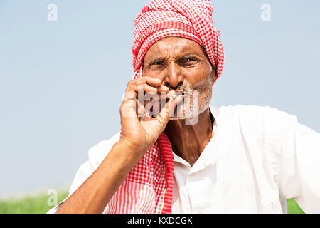 1 Les agriculteurs ruraux indiens Man Farm Fumeurs Bidi Banque D'Images