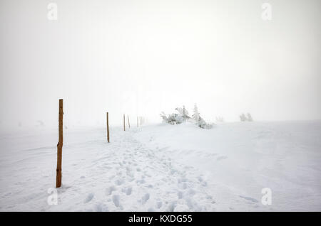 Les empreintes des chaussures de randonnée dans la neige, blizzard en montagnes de Karkonosze, paysage d'hiver, la Pologne. Banque D'Images