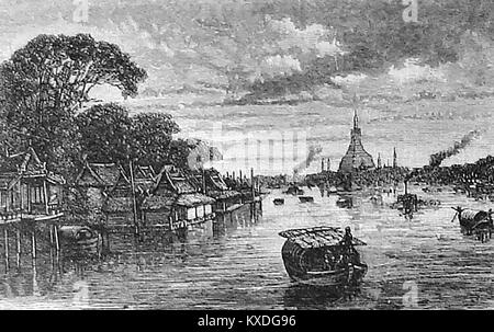 Bangkok, Thaïlande, Asie (Krung Thep Maha Nakhon) au début des années 1800 - des maisons flottantes, des logements au bord de l'eau et une pagode ou Wat, vu de la voie d'eau dans le delta du fleuve Chao Phraya. Banque D'Images