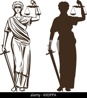 Déesse de la justice. Themis avec bandeau, balance et l'épée à la main. Vector illustration isolé sur fond blanc Illustration de Vecteur