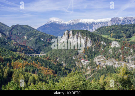 20 Voir Schilling avec Pollereswand Krauselklauseviadukt viaduc Kalte Rinne Rax massif avec, Heukuppe Semmeringbahn Banque D'Images