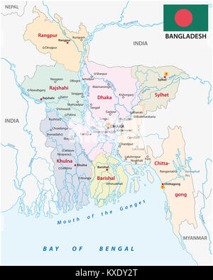 Le Bangladesh carte vectorielle administrative et politique avec le drapeau Banque D'Images