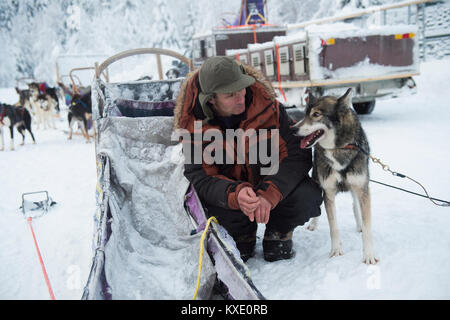 Chien de Traîneau Husky Sibérien et portrait musher en Suède. Banque D'Images