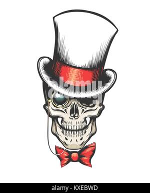 Dans le crâne avec hat monocle et Bow tie. vector illustration dans le style de tatouage. Illustration de Vecteur