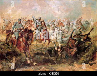 Une représentation historique de la charge de 1915 à Rokitna, une attaque de cavalerie menée par les forces polonaises pendant la première Guerre mondiale, représentant l'un des moments notables de l'histoire militaire polonaise. Banque D'Images