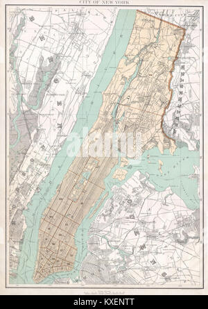 Une carte détaillée de New York datant de 1895 montrant Manhattan, le Queens et le Bronx, illustrant le développement urbain et l'aménagement géographique de la ville à la fin du XIXe siècle. Banque D'Images
