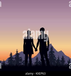 Jeune homme d'amour et de la femme sur l'herbe à l'arbre et montagne sous ciel romantique avec dawn - vector Illustration de Vecteur